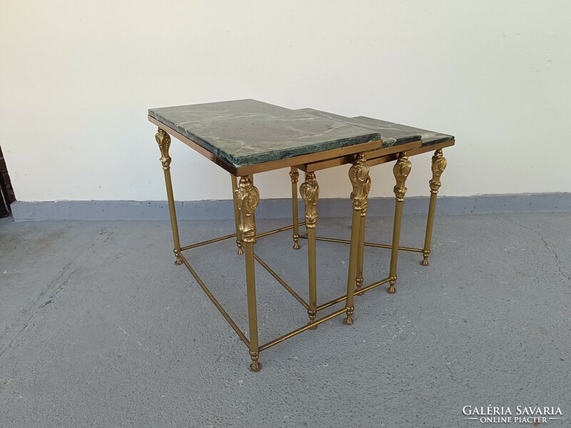 Antik 3 darab patinás réz lábú zöld márvány onix összetolható kis asztal asztalsor 789 7791