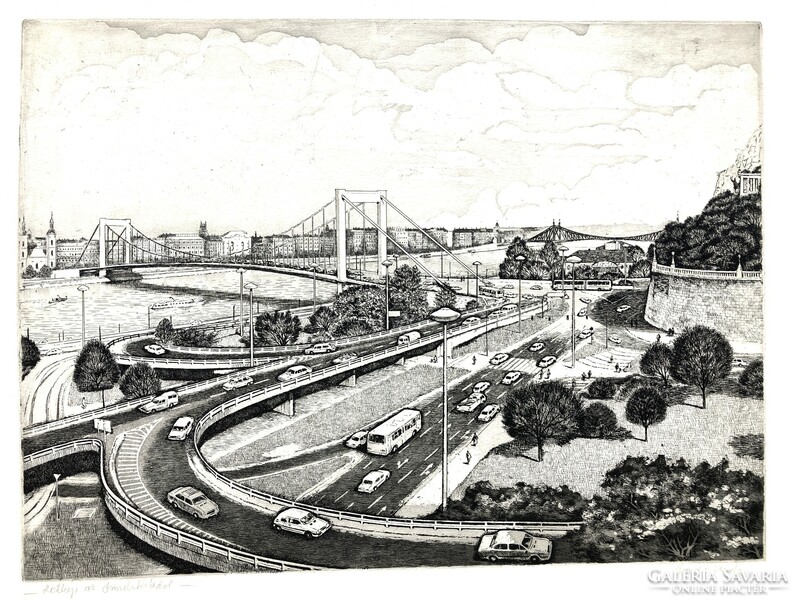 Budapest, view with the Elizabeth Bridge, large-scale etching, 1964