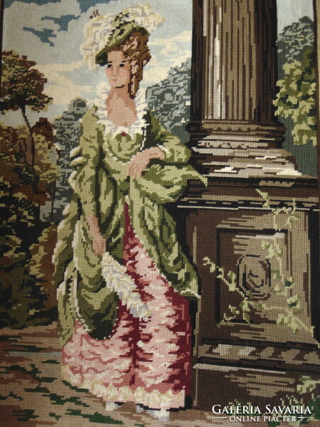 Beautiful stitched old tapestry picture / lady in hat