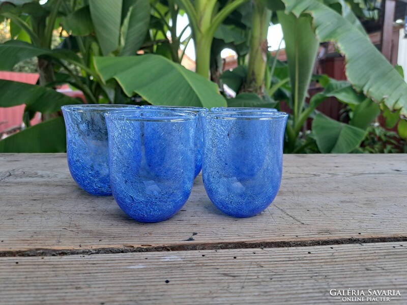 Retro ritka kék 5 db pohár repesztett Gyönyörű  Fátyolüveg fátyol karcagi berekfürdői üveg