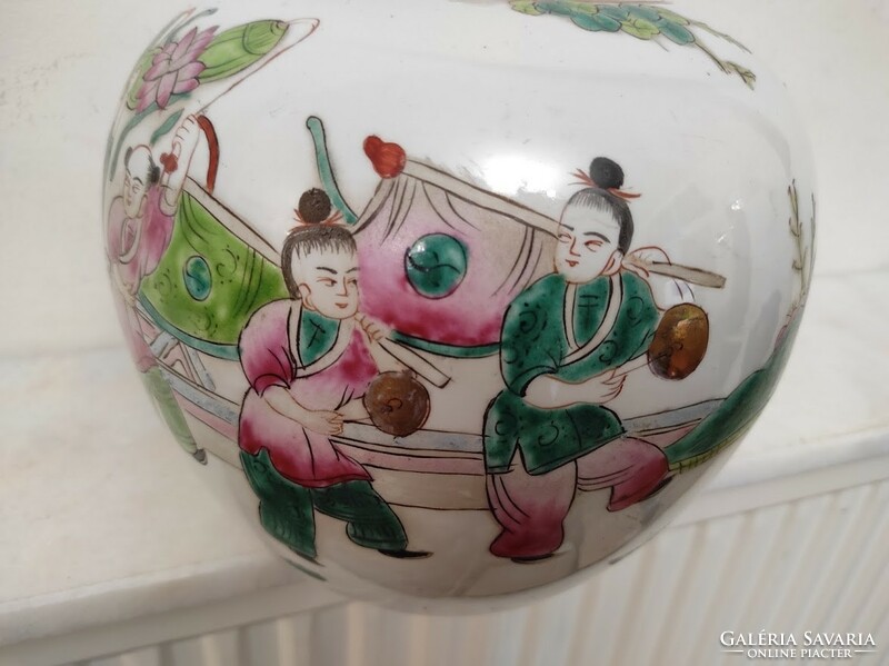 Antique Chinese Porcelain Egg Shaped Multicolored Colored Lid Urn Vase with Life Scene 155 5611