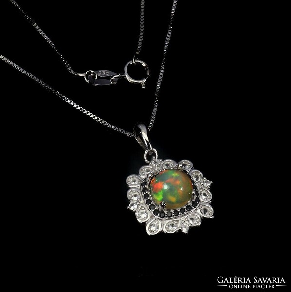Real fire opal and black spinel 925 silver necklace