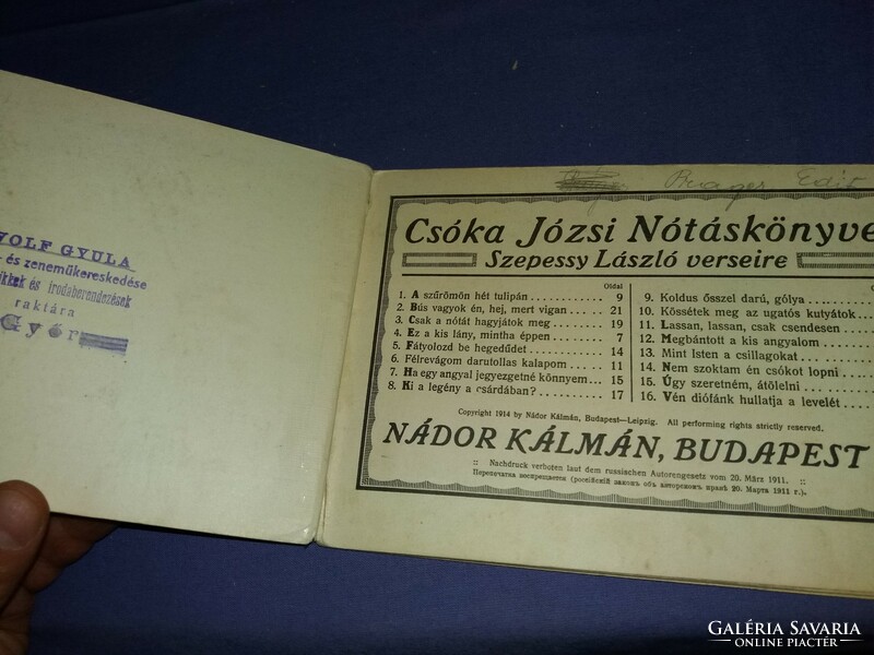 Csóka Józsi ( 1871 - 1921 ) Nótáskönyve elfeledett nóták gyönyörű állapotban Nádor Kálmán kiadása