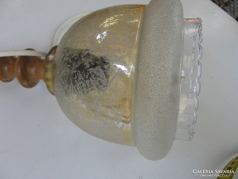 Retro ceiling lamp with a wooden stem and a special, etched, frosted glass shade