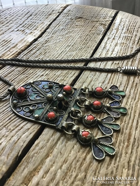 Old handmade fire enamel decorated pendant with necklace