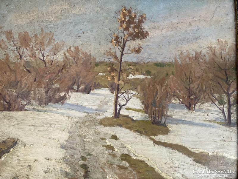 Painting by Lajos Szlányi, winter landscape