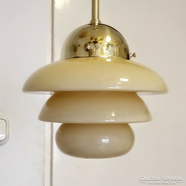 Refurbished art deco copper ceiling lamp - special shape, stepped cream shade