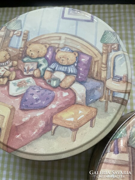 Old teddy bear pattern biscuit metal boxes together