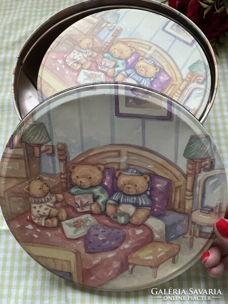 Old teddy bear pattern biscuit metal boxes together