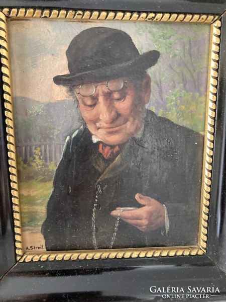 Oil painting / Old man looking at his pocket watch