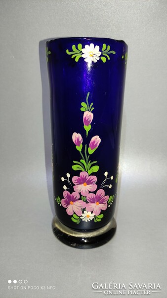 Antique unique painted cobalt blue glass vase