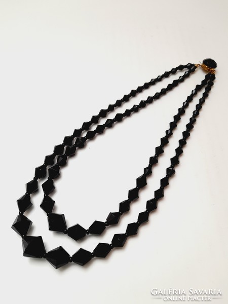 Two-row black glass pearl necklace