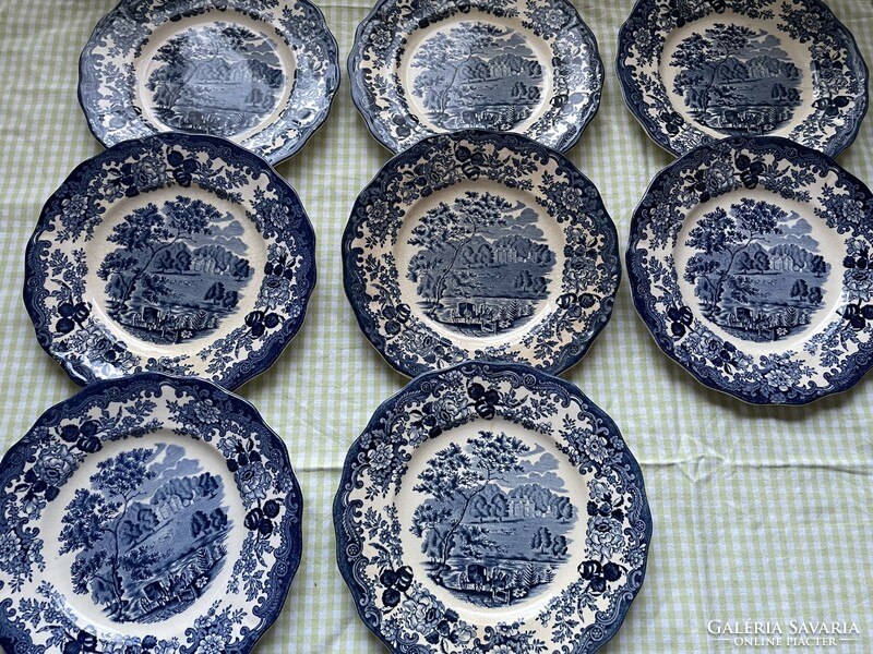 Palissy avon scenes, beautiful mature, blue pattern cake plates - 8 pcs