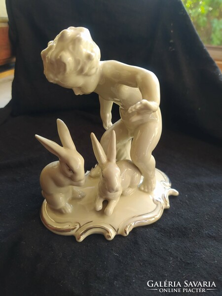 Schaubach kunst porcelain putto with two bunnies
