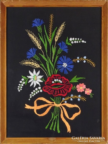 1O737 old embroidered cornflower framed needlework 42 x 32 cm