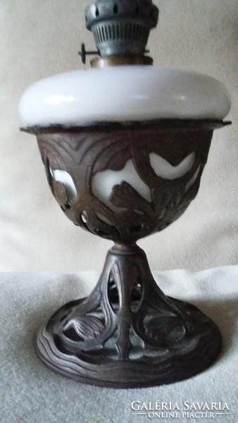Old cast iron table kerosene lamp with milk glass container