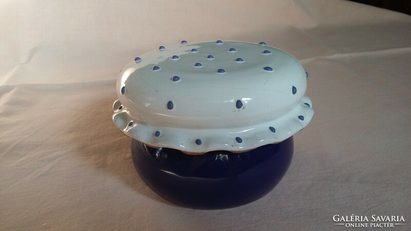 Blue ceramic storage - offering with a white blue dot roof