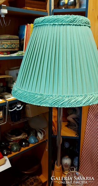 Cool retro floor lamp with shelf and green silk shade