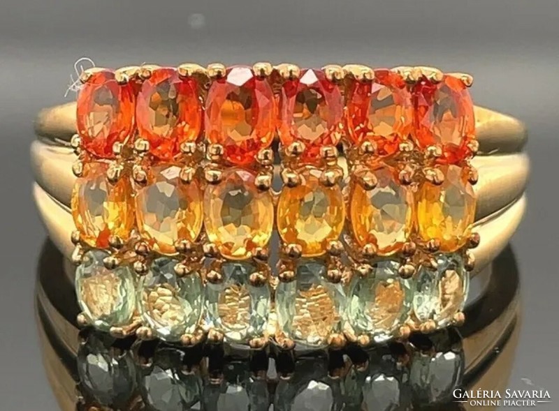 Mesés multi zafír drágaköves 14 k aranyozott sterling ezüst gyűrű, 925  54 méret, kézműves ékszer !