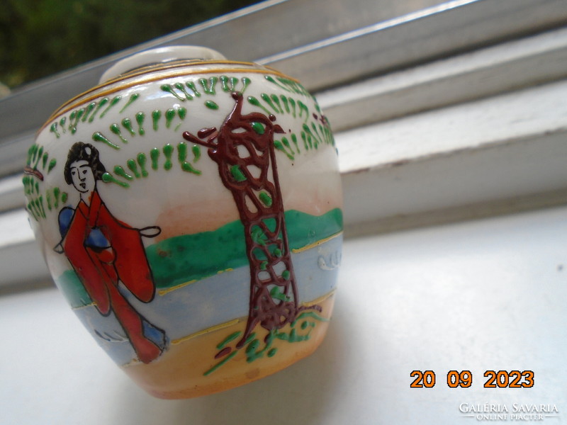 Régebbi kézzel festett dombor zománc váza Gésa,TORII kapu,Fuji,vitorlás hajók,panoramikus tájkép