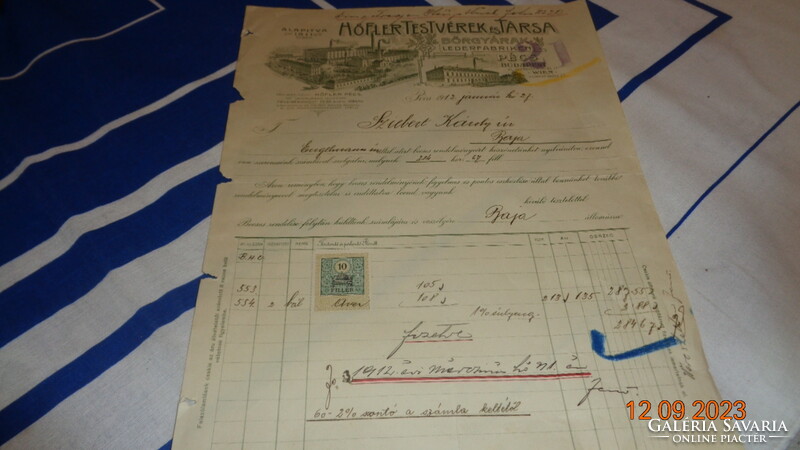 Pécs tannery, old invoice, Höffler brothers and company 1912, real patina paper antique