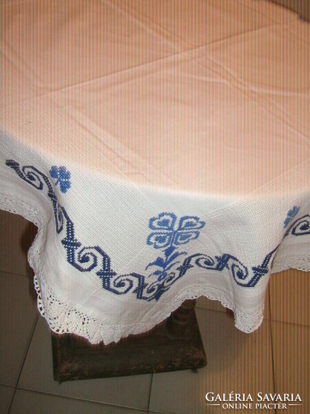 Beautiful hand embroidered blue cross stitch elegant woven needlework tablecloth