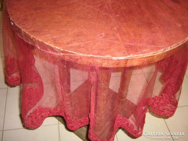 Beautiful round burgundy floral lace edged round tulle tablecloth