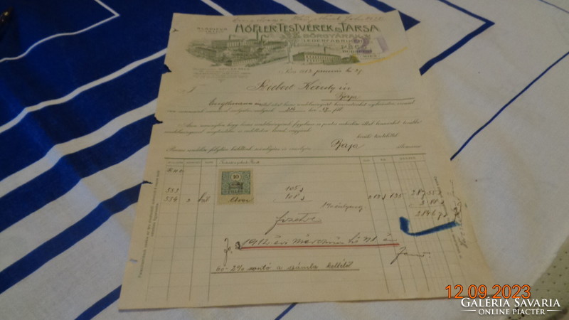 Pécs tannery, old invoice, Höffler brothers and company 1912, real patina paper antique