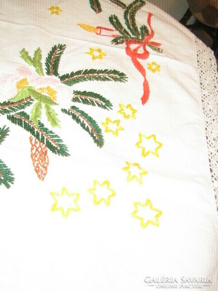 Wonderfully Christmas hand-embroidered tablecloth with lacy edges