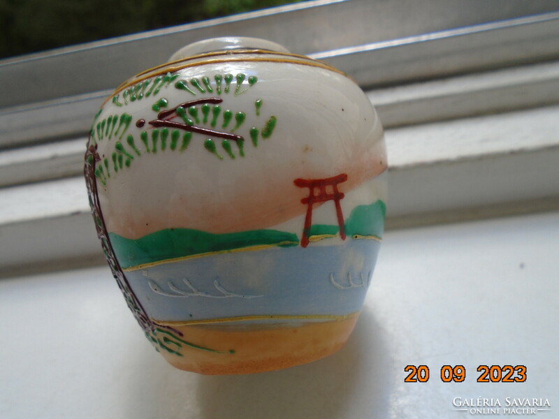 Older hand-painted embossed enamel vase geisha, torii gate, Fuji, sailing ships, panoramic landscape