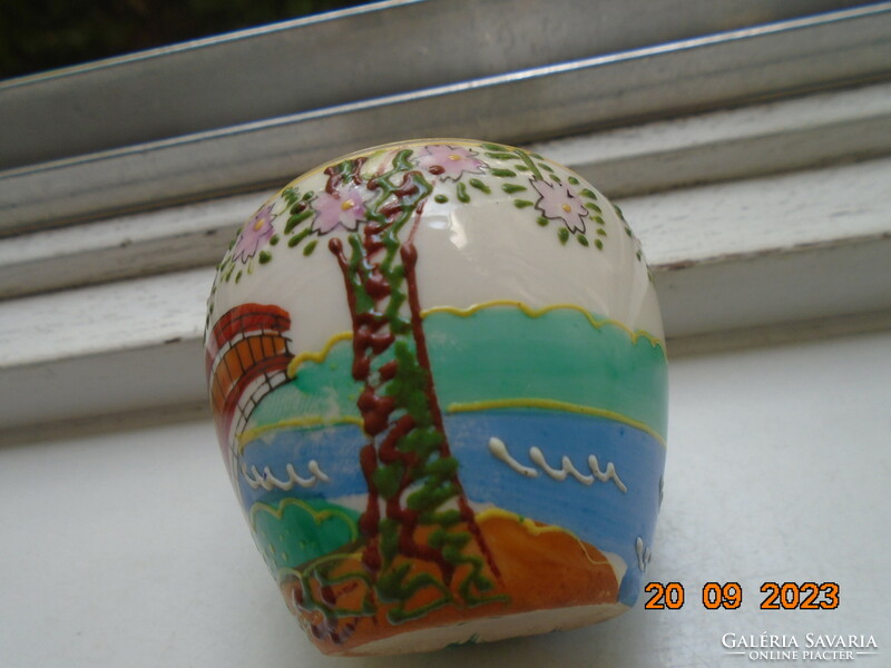 Régebbi kézzel festett dombor zománc váza Gésa a hídon panoramikus tájképpel