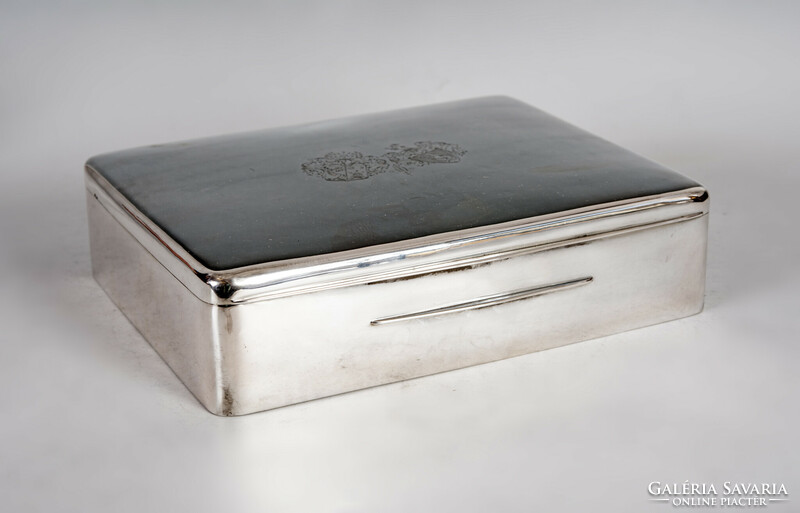 Silver large wooden box with engraved coats of arms on the lid
