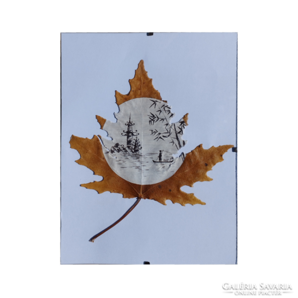 Japanese landscape on white poplar leaf