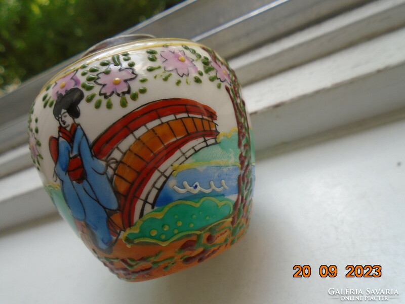 Older hand-painted embossed enamel vase Geisha on the bridge with a panoramic landscape