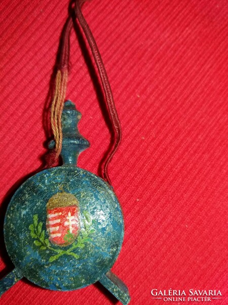 Antique small antique handmade souvenir wooden water bottle with old Arpad coat of arms, flawless according to the pictures