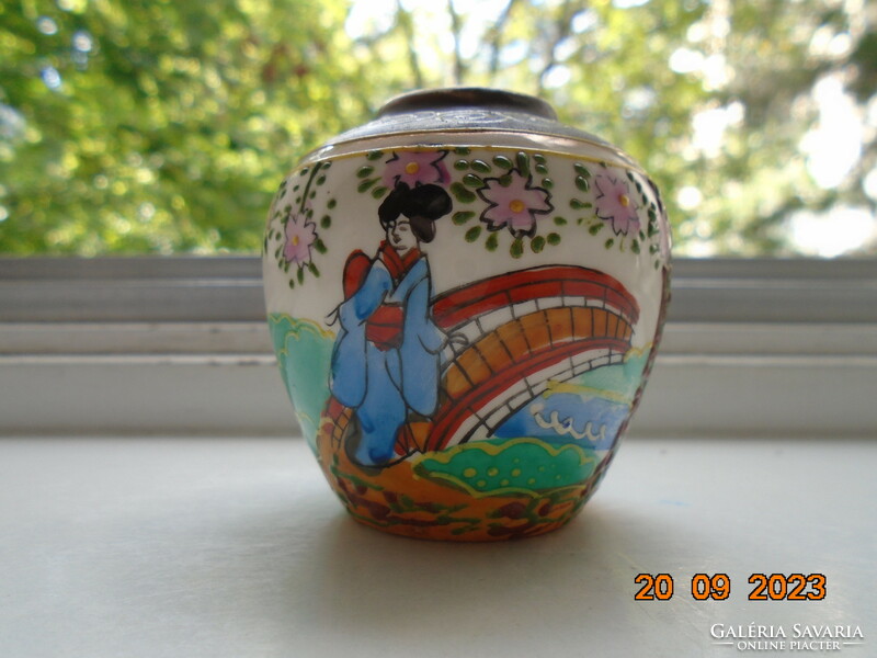 Older hand-painted embossed enamel vase Geisha on the bridge with a panoramic landscape