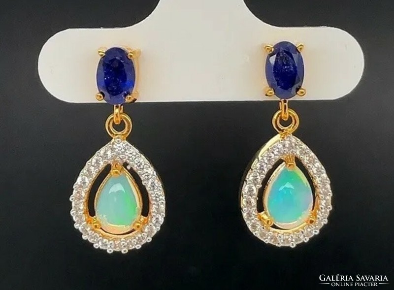 Gorgeous Ethiopian Noble Opal / Sapphire Gemstone 925 Sterling Silver Earrings, 14k Gold Plated - New