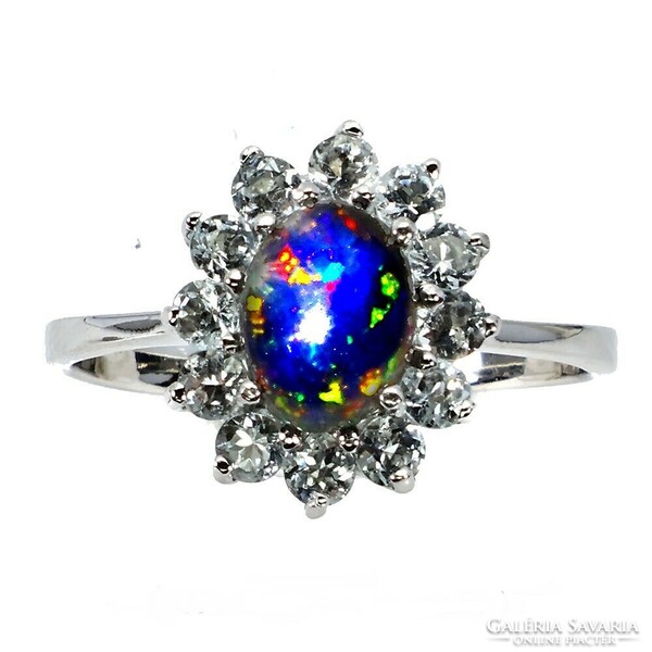 59 Ess real black opal and aquamarine 925 silver ring