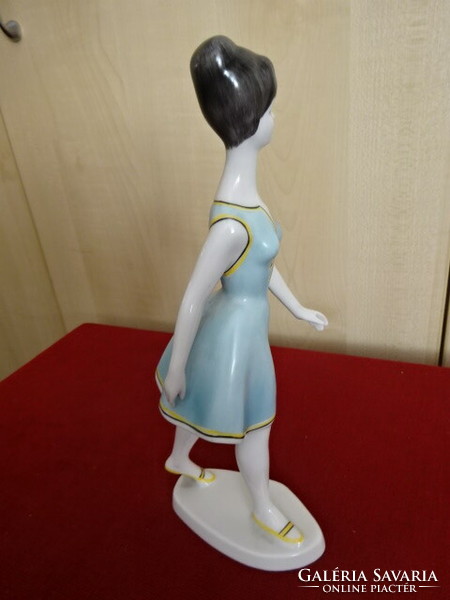 Hollóházi porcelán figura, kézzel festett kékruhás lány, magassága 25 cm. Jókai.