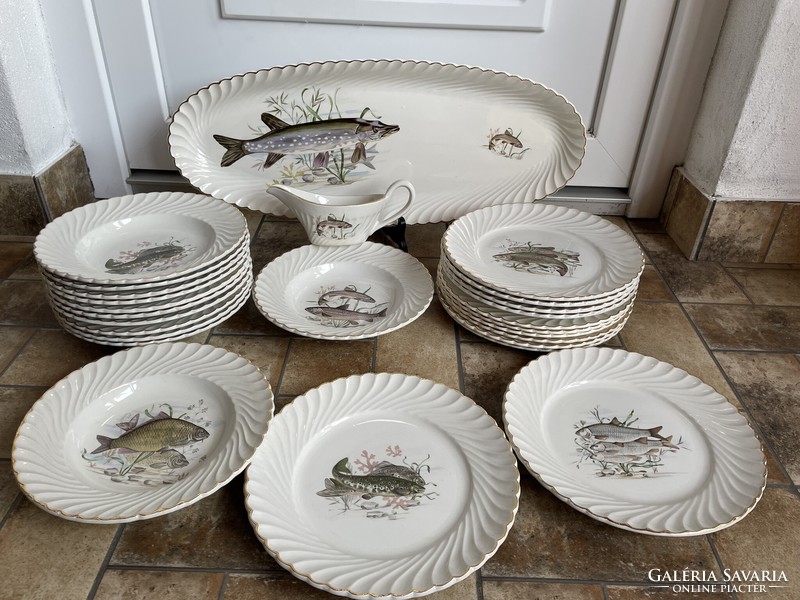 Beautiful Fish Fish Luneville French Porcelain Set Serving Plate Steak Deep Dish Flat Plate