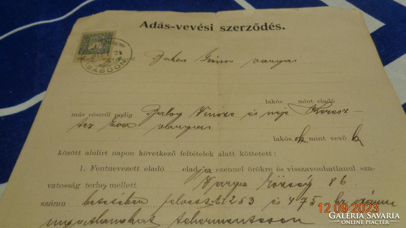 Adás - Vevési  szerződés  , szép 1 koronás bélyeggel  1911  ből