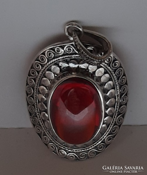 Cherry red 4cm pendant with drop glass, marked 925 silver!