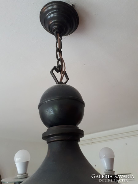6-arm antique bronze chandelier with polished glass plates