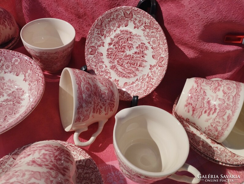 6 személyes angol jelenetes porcelán kávéskészlet, 15 darabos