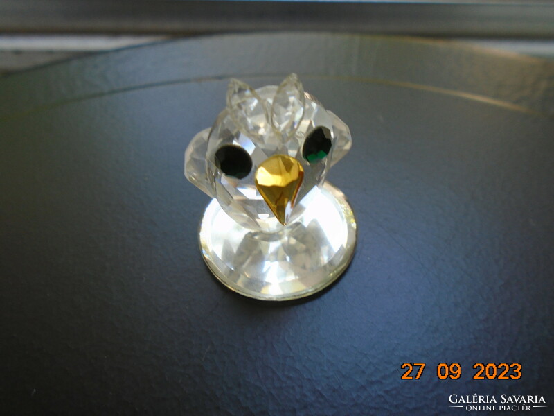 Hand polished, marked, Czech Mayfair lead crystal animal figure from the 70s, owl with green eyes