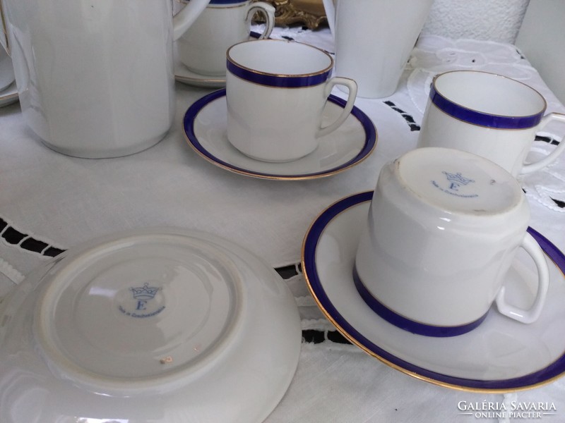 Eichwald antik kék-arany porcelán kávés készlet tojáshéj vékonyságú 1910-