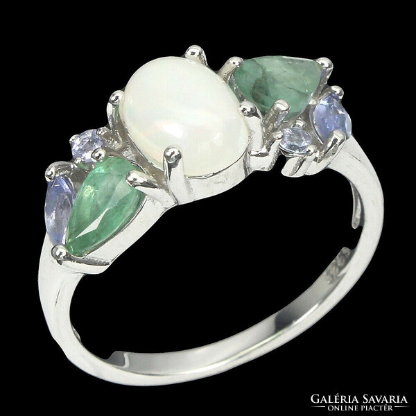 57 Es valod fire opal emerald tanzanite 925 silver ring