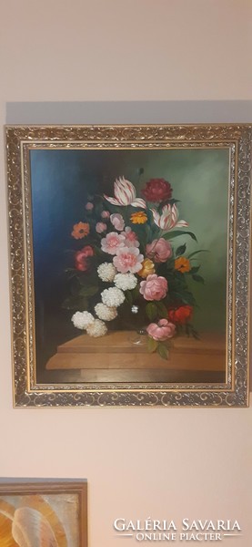 Fantastic flower still life oil painting with frame / German /