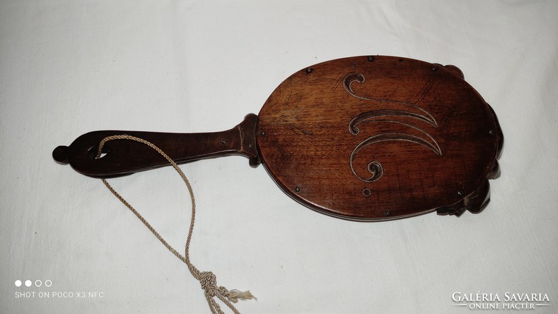 Art Nouveau carved wooden hand mirror with engraved monogram