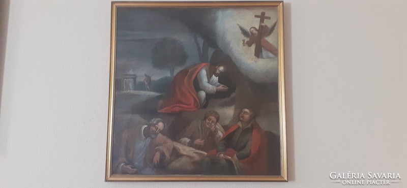 Antik nagyméretű olaj-vászon egyházi  barokk festmény " Jézus a Gecsemáné kertben "